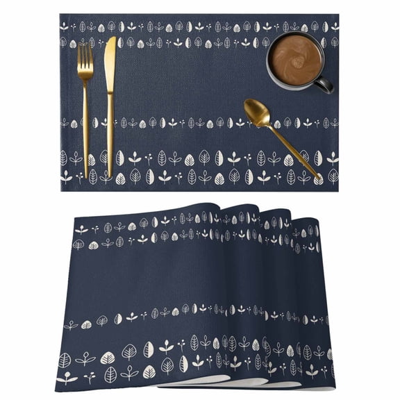 Placemats Set of 4, Rustic Botanical Woven Placemat, Linen Place Mats for Kitchen/Dining Tables, Japanese Herb on Black Simple Art Washable Table Mats for Party