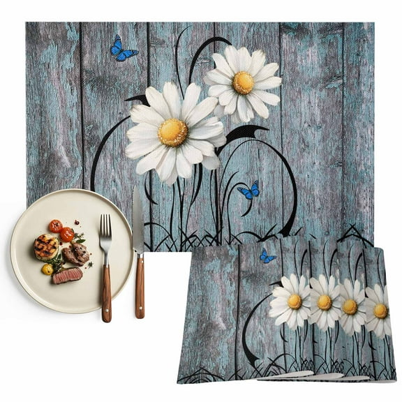 Placemats Set of 4, Rustic Daisy Place Mats Yellow Sunflower Blue Wood Grain Tablemats Washable Placemat Table Decoration for Kitchen Table Dinner Party Home Decor Indoor Outdoor 13x19 Inch