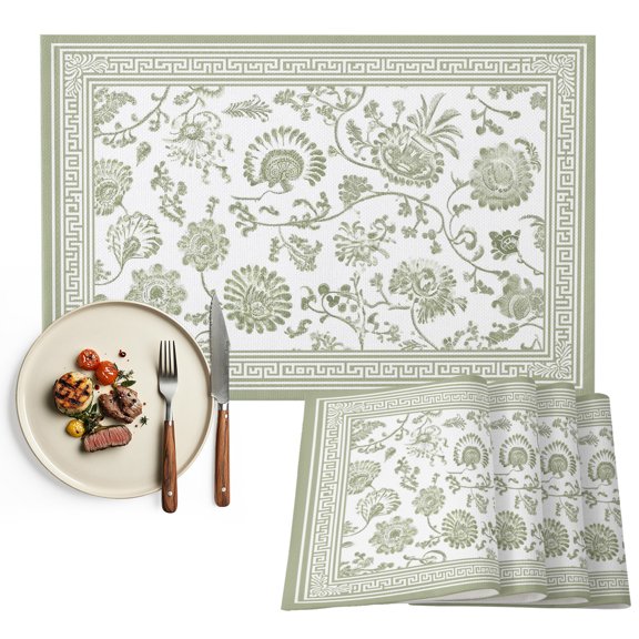 Placemats Set of 4, Sage Green Flowers Vines Place Mats Elegant Floral Geometric Frame Tablemats Washable Placemat Table Decoration for Kitchen Table Dinner Party Home Decor 13x19 Inch