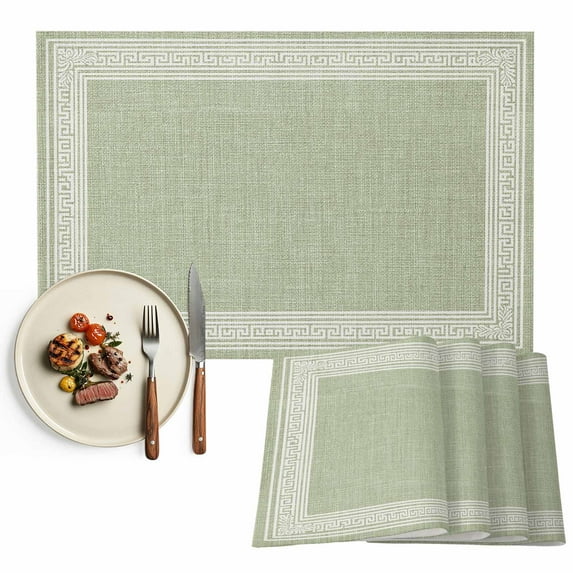 Placemats Set of 4, Sage Green Linen Key Design Placemats Set of 4, Geometric Back Pattern Tablemats Placemat Table Decoration for Kitchen Table Dinner Party Home Decor Indoor Outdoor 13x19 Inch