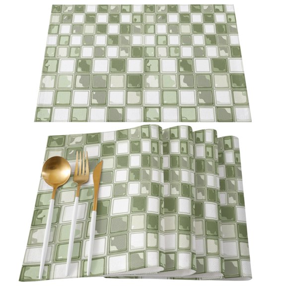 Placemats Set of 4, Sage Green Mosaic Tiles Place Mats Checkerboard Squares Linen Tablemats Washable Placemat Table Decoration for Kitchen Table Dinner Party Home Decor Indoor Outdoor 13x19 Inch