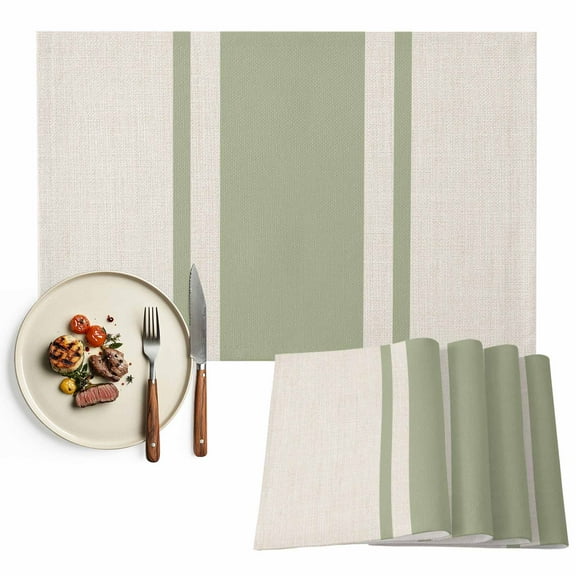 Placemats Set of 4, Sage Green Stripe Lines Place Mats Linen Striped Tablemats Washable Placemat Table Decoration for Kitchen Table Dinner Party Home Decor Indoor Outdoor 13x19 Inch