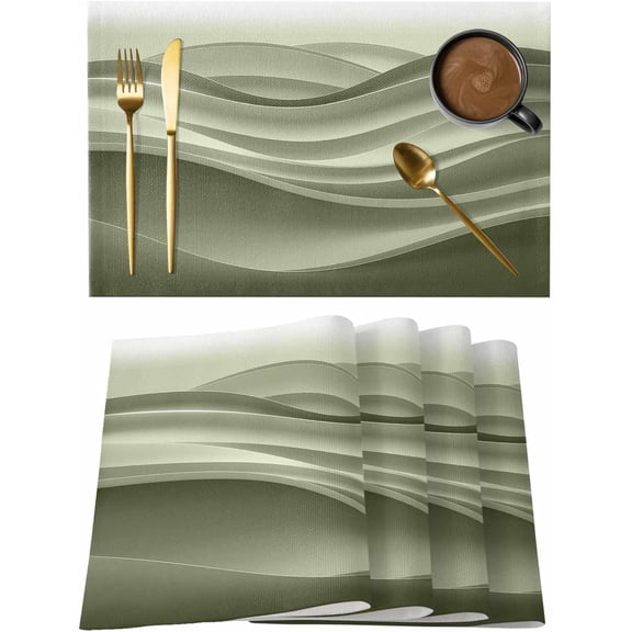 Placemats Set of 4, Sage Green Striped Washable Wipeable Table Mats for Dining Tables, Modern Abstract Art Wave Moire Gradient Indoor Outdoor Waterproof Kitchen Place Mats for Holiday Table Decor