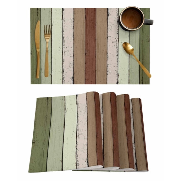Placemats Set of 4, Sage Green Woven Placemat, Linen Place Mats for Kitchen/Dining Tables, Farmhouse Wood Grain Vintage Brown Striped Washable Table Mats for Party
