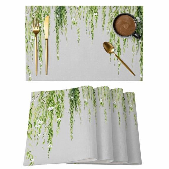 Placemats Set of 4, Sage Green Woven Placemat, Linen Place Mats for Kitchen/Dining Tables, Summer Botanical Leaves Watercolor Washable Table Mats for Party