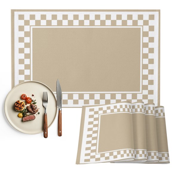 Placemats Set of 4, Sand Squares Place Mats Modern Block Checkered Border Tablemats Washable Placemat Table Decoration for Kitchen Table Dinner Party Home Decor Indoor Outdoor 13x19 Inch