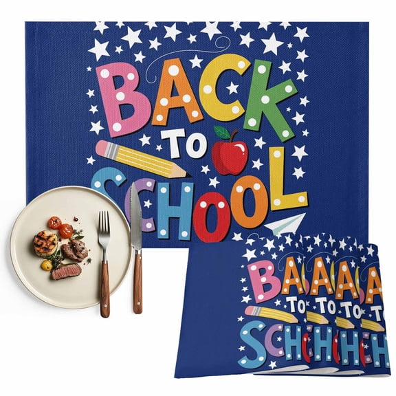 Placemats Set of 4, School Season Place Mats Pencil Stars Cartoon Style Blue Tablemats Washable Placemat Table Decoration for Kitchen Table Dinner Party Home Decor Indoor Outdoor 13x19 Inch