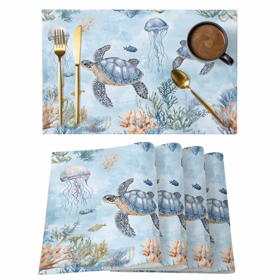 Placemats Set of 4 Sea Turtle Coral Non-Slip Place Mat Jellyfish Fish Table Mats Washable Stain-Resistant Tablemats for Party/Dining Room/Kitchen Decorations