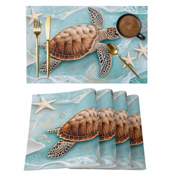 Placemats Set of 4 Sea Turtle Non-Slip Place Mat Marine Life Floral Starfish Table Mats Washable Stain-Resistant Tablemats for Party/Dining Room/Kitchen Decorations