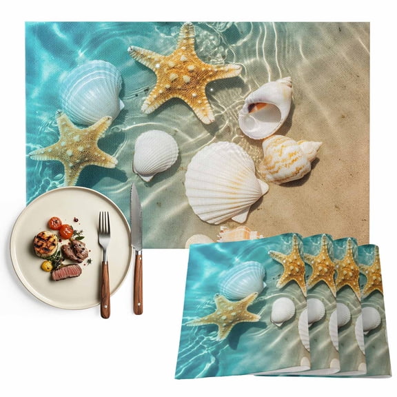 Placemats Set of 4, Shell Starfish Place Mats Teal Blue Summer Beach Tablemats Washable Placemat Table Decoration for Kitchen Table Dinner Party Home Decor Indoor Outdoor 13x19 Inch