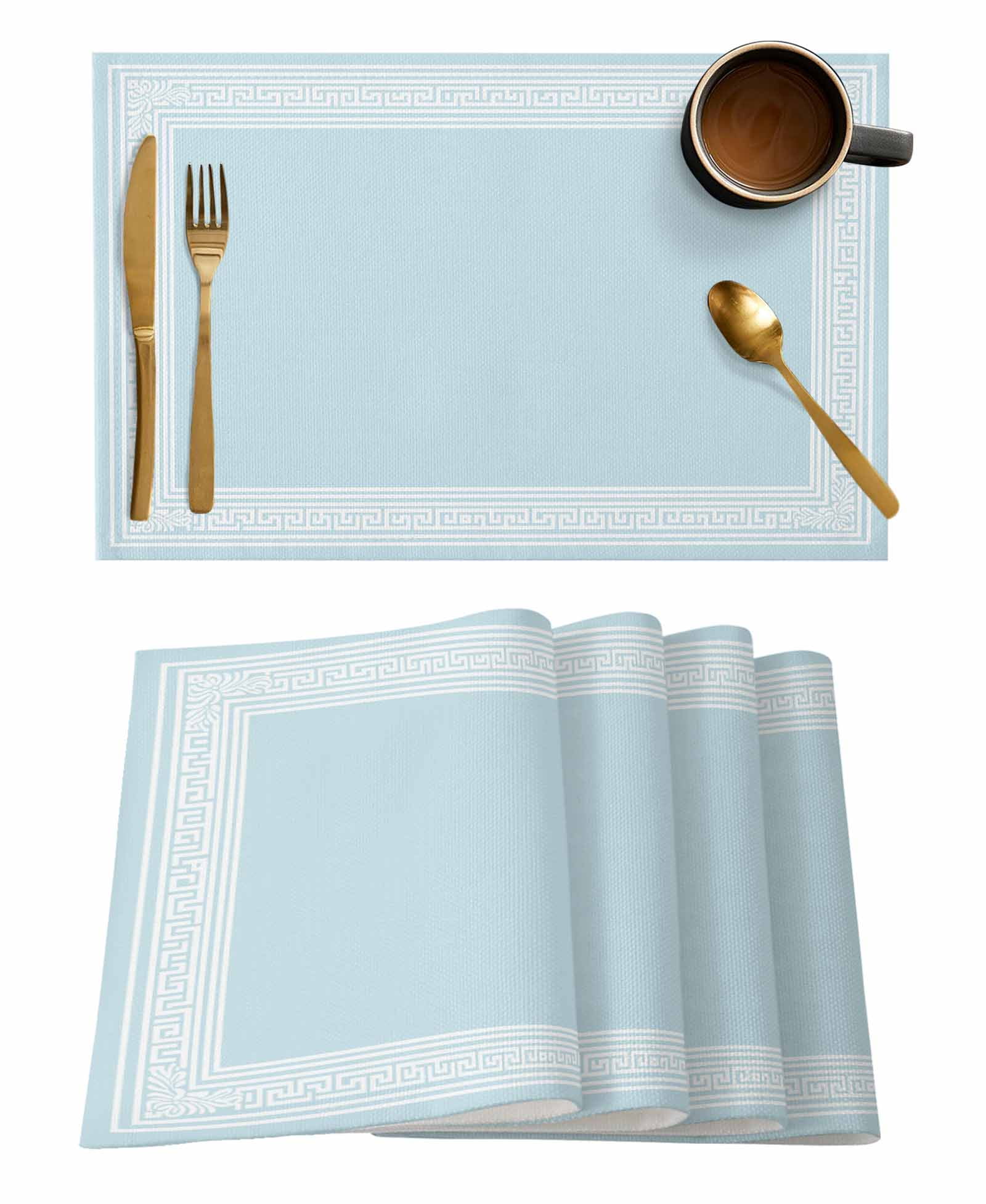 Placemats Set of 4, Sky Blue Greek Key Woven Placemat, Linen Place Mats ...