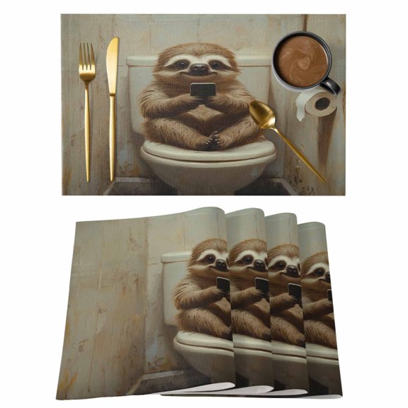 Placemats Set of 4 Sloth Sits on The Toilet Non-Slip Place Mat Funny Sloth Table Mats Washable Stain-Resistant Tablemats for Party/Dining Room/Kitchen Decorations