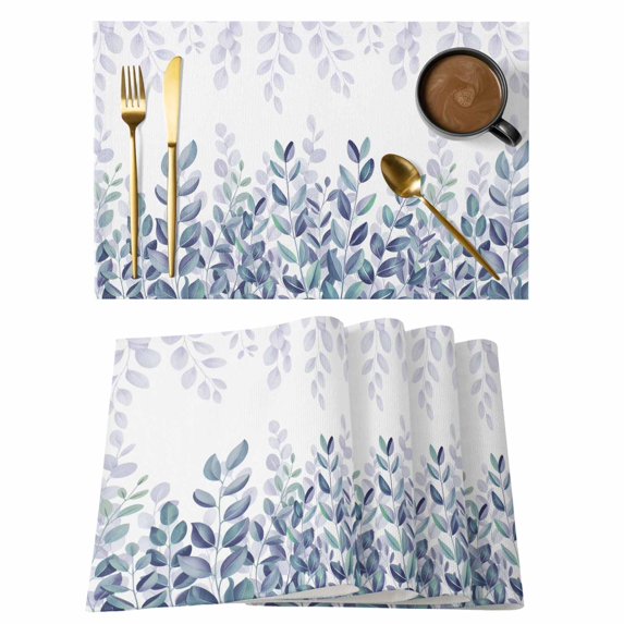 Placemats Set of 4, Spring Blue Eucalyptus Woven Placemat, Linen Place Mats for Kitchen/Dining Tables, Botanical Green Leaf Country Washable Table Mats for Party