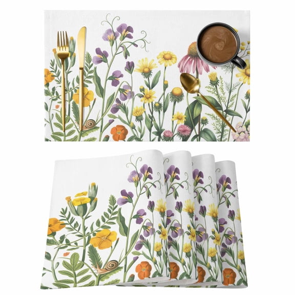 Placemats Set of 4 Spring Floral Non-Slip Place Mat Wildflowers Leaves Plant Table Mats Washable Stain-Resistant Tablemats for Party/Dining Room/Kitchen Decorations