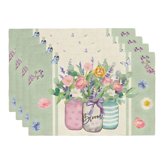 Stegali Spring Bloom Mason Jar Linen Placemats, 12x18 Inch Table mats Set of 4