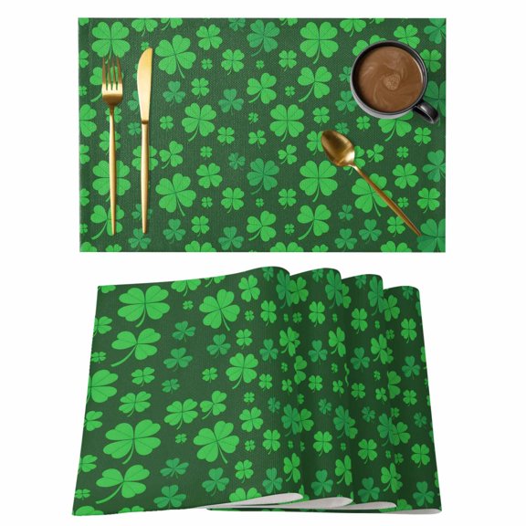 Placemats Set of 4, St. Patrick's Day Woven Placemat, Linen Place Mats for Kitchen/Dining Tables, Spring Green Shamrock Grass Lucky Washable Table Mats for Party