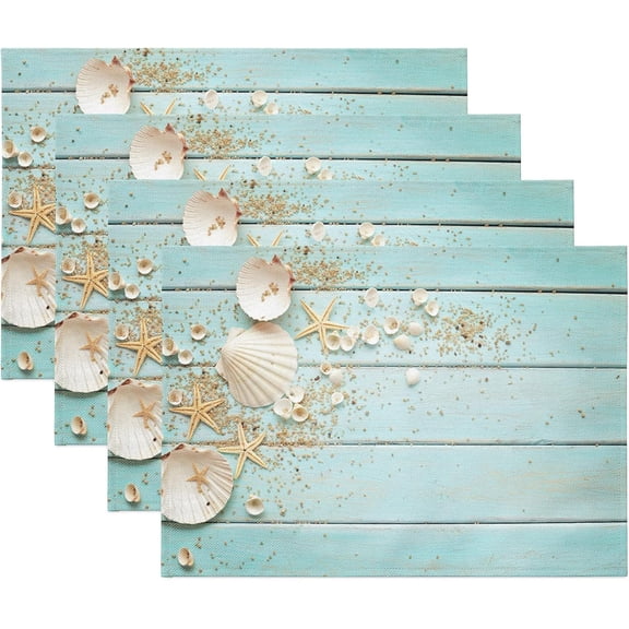Placemats Set of 4, Summer Beach Seashell Non Slip Heat Resistant Linen Fabric Cotton Cloth Place Mats, Blue Wood Board Square Washable Holiday Party Dining Table Mats for Coastal Home Kitchen Decor