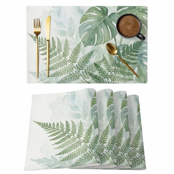 Placemats Set of 4, Summer Botanical Woven Placemat, Linen Place Mats for Kitchen/Dining Tables, Green Palm Leaves Tropical Plant Washable Table Mats for Party