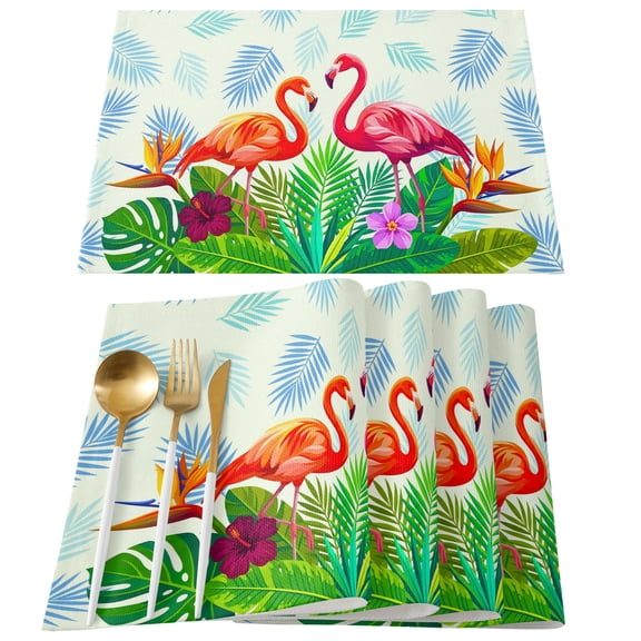 Placemats Set of 4, Summer Flamigos Place Mats Summer Tropical Palm Leaves Linen Tablemats Washable Placemat Table Decoration for Kitchen Table Dinner Party Home Decor Indoor Outdoor 13x19 Inch
