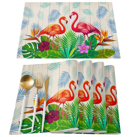 Placemats Set of 4, Summer Flamigos Place Mats Summer Tropical Palm Leaves Wood Linen Tablemats Washable Placemat Table Decoration for Kitchen Table Dinner Party Home Decor Indoor Outdoor 13x19 Inch