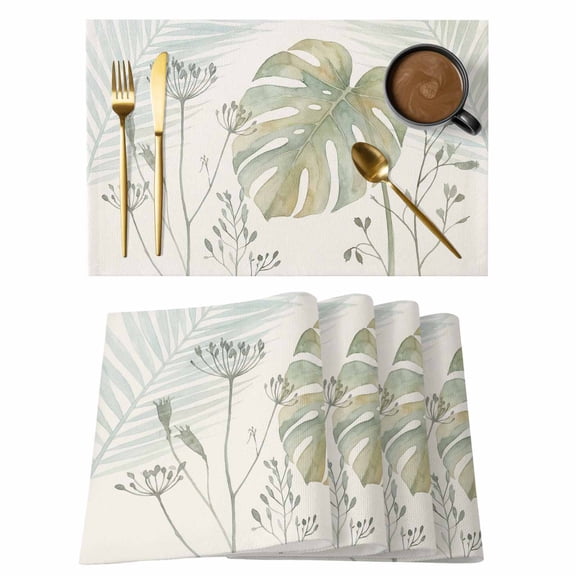 Placemats Set of 4, Summer Palm Leaves Woven Placemat, Linen Place Mats for Kitchen/Dining Tables, Green Botanical Tropical Plant Washable Table Mats for Party