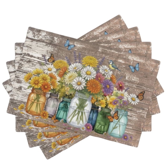 Stegali Summer Daisy Mason Jar Linen Placemats, 12x18 Inch Table mats Set of 4