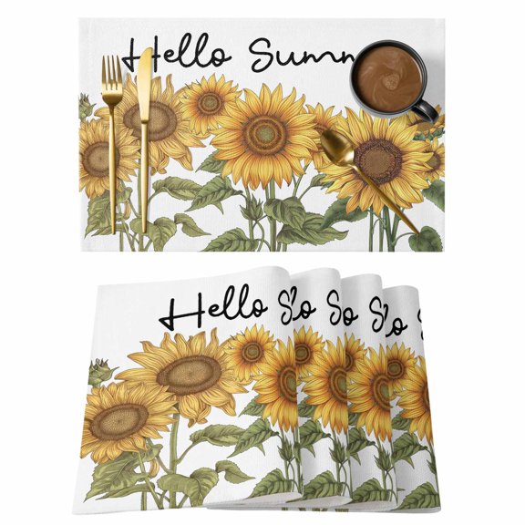 Placemats Set of 4 Sunflower Non-Slip Place Mat Summer Leaves Plant Table Mats Washable Stain-Resistant Tablemats for Party/Dining Room/Kitchen Decorations