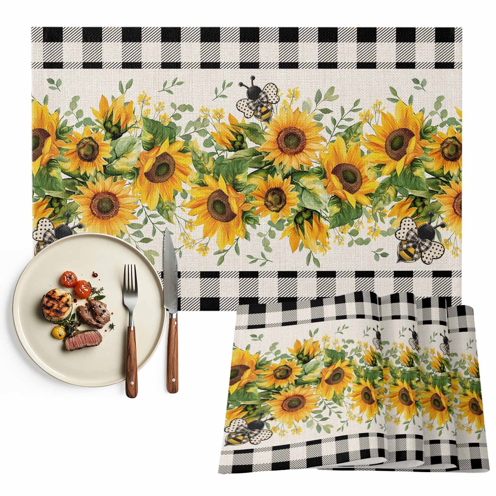 Placemats Set of 4, Sunflower Place Mats Bee Black Buffalo Plaid ...