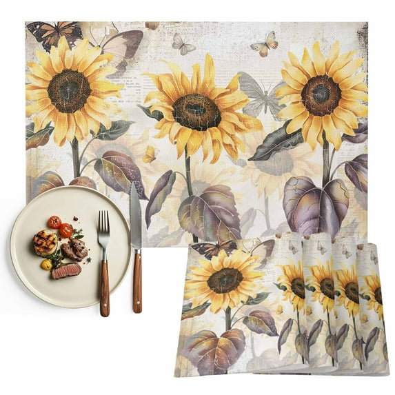 Placemats Set of 4, Sunflower Place Mats Butterfly Flower Vintage Tablemats Washable Placemat Table Decoration for Kitchen Table Dinner Party Home Decor Indoor Outdoor 13x19 Inch