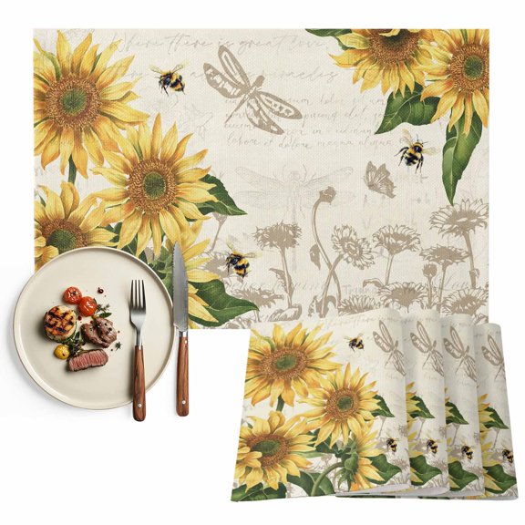 Placemats Set of 4, Sunflower Place Mats Retro Floral Dragonfly Tablemats Washable Placemat Table Decoration for Kitchen Table Dinner Party Home Decor Indoor Outdoor 13x19 Inch