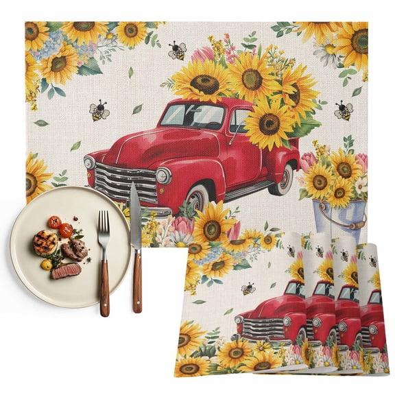 Placemats Set of 4, Sunflower Red Truck Place Mats Farmhouse Bee Flowers Tablemats Washable Placemat Table Decoration for Kitchen Table Dinner Party Home Decor Indoor Outdoor 13x19 Inch