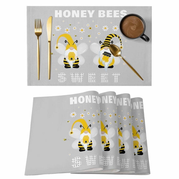 Placemats Set of 4 Sweet Gnomes Bee Non-Slip Place Mat Daisy Flower Bee Cute Cartoon Grey Table Mats Washable Stain-Resistant Tablemats for Party/Dining Room/Kitchen Decorations