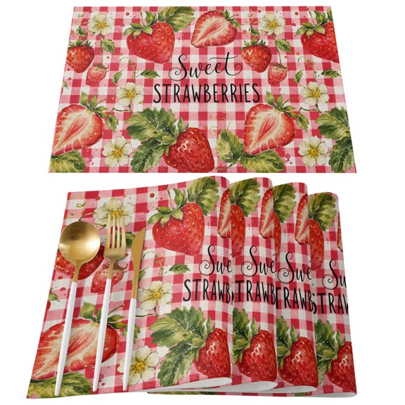 Placemats Set of 4, Sweet Strawberry Place Mats Summer Fruit Flower Red Plaid Linen Tablemats Washable Placemat Table Decoration for Kitchen Table Dinner Party Home Decor Indoor Outdoor 13x19 Inch