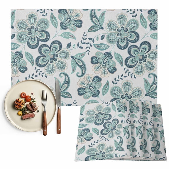 Placemats Set of 4, Teal Blue Paisley Pattern Place Mats Boho Abstract Floral Tablemats Washable Placemat Table Decoration for Kitchen Table Dinner Party Home Decor Indoor Outdoor 13x19 Inch