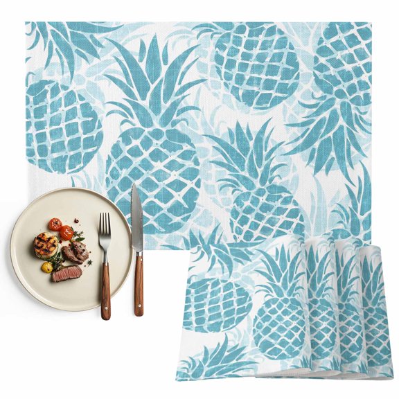 Placemats Set of 4, Teal Blue Pineapple Place Mats Summer Tropical Fruit Leaves Tablemats Washable Placemat Table Decoration for Kitchen Table Dinner Party Home Decor Indoor Outdoor 13x19 Inch
