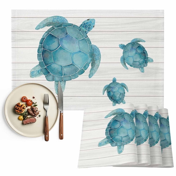 Placemats Set of 4, Teal Blue Sea Turtle Place Mats Ocean Wood Grain Tablemats Washable Placemat Table Decoration for Kitchen Table Dinner Party Home Decor Indoor Outdoor 13x19 Inch
