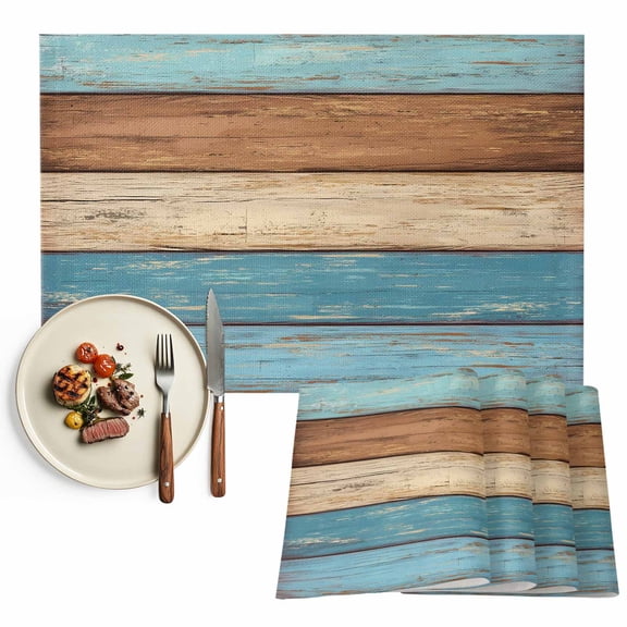 Placemats Set of 4, Teal Blue Wood Grain Place Mats Rustic Retro Brown Wooden Tablemats Washable Placemat Table Decoration for Kitchen Table Dinner Party Home Decor Indoor Outdoor 13x19 Inch