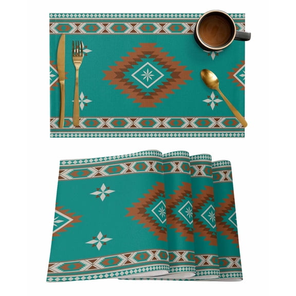 Placemats Set of 4, Teal Brown Boho Woven Placemat, Linen Place Mats for Kitchen/Dining Tables, Abstract Aztec Tribe Ethnic Geometric Washable Table Mats for Party