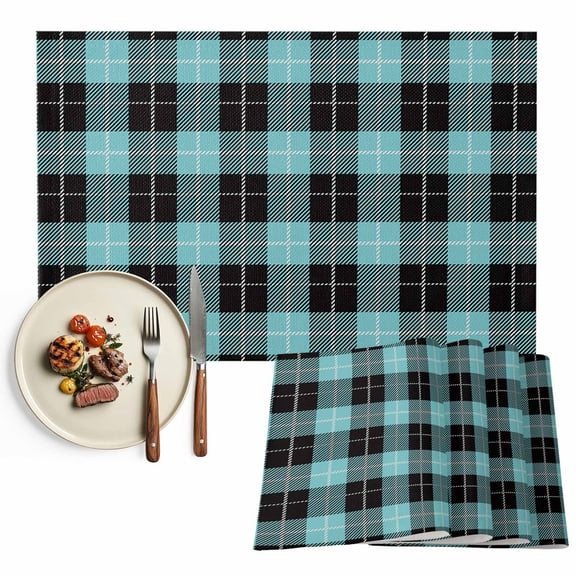 Placemats Set of 4, Teal Check Plaid Place Mats Buffalo Plaid Tablemats Washable Placemat Table Decoration for Kitchen Table Dinner Party Home Decor Indoor Outdoor 13x19 Inch
