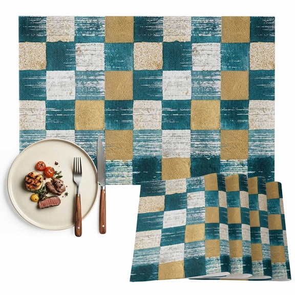 Placemats Set of 4, Teal Gold Squares Block Place Mats Geometric Checkerboard Tablemats Washable Placemat Table Decoration for Kitchen Table Dinner Party Home Decor Indoor Outdoor 13x19 Inch