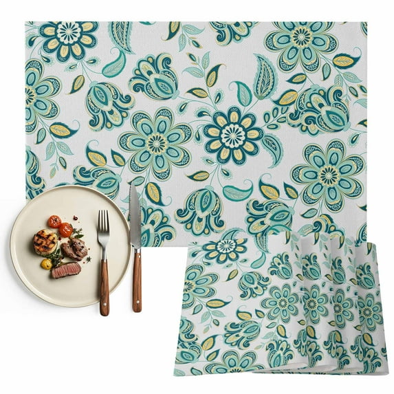 Placemats Set of 4, Teal Paisley Pattern Place Mats Boho Abstract Floral Tablemats Washable Placemat Table Decoration for Kitchen Table Dinner Party Home Decor Indoor Outdoor 13x19 Inch
