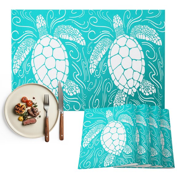 Placemats Set of 4, Teal Sea Turtle Place Mats Coastal Marine Life Waves Tablemats Washable Placemat Table Decoration for Kitchen Table Dinner Party Home Decor Indoor Outdoor 13x19 Inch