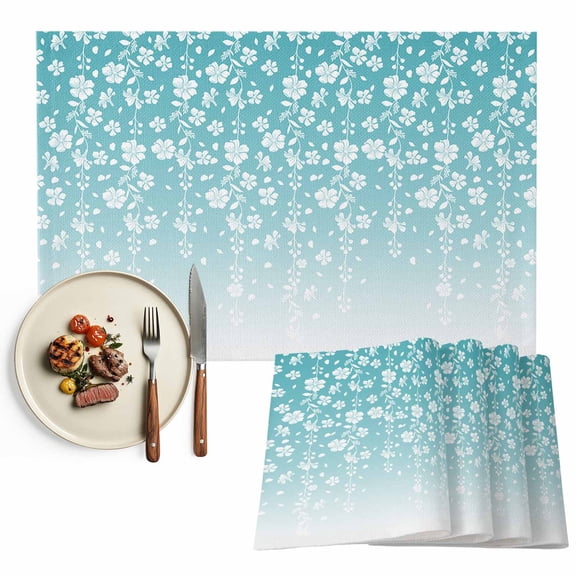 Placemats Set of 4, Teal Turquoise Floral Placemats Set of 4, Ombre Branch Spring Flowers Tablemats Placemat Table Decoration for Kitchen Table Dinner Party Home Decor Indoor Outdoor 13x19 Inch