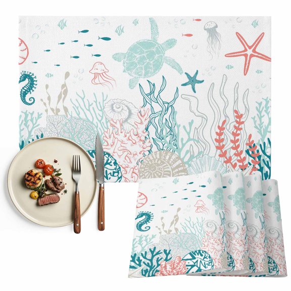 Placemats Set of 4, Teal Turtle Shell Place Mats Coral Conch Seaweed Starfish Tablemats Washable Placemat Table Decoration for Kitchen Table Dinner Party Home Decor Indoor Outdoor 13x19 Inch