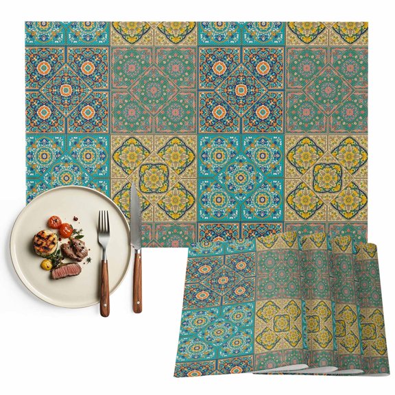 Placemats Set of 4, Teal Yellow Geometric Floral Place Mats Retro Bohemian Tablemats Washable Placemat Table Decoration for Kitchen Table Dinner Party Home Decor Indoor Outdoor 13x19 Inch
