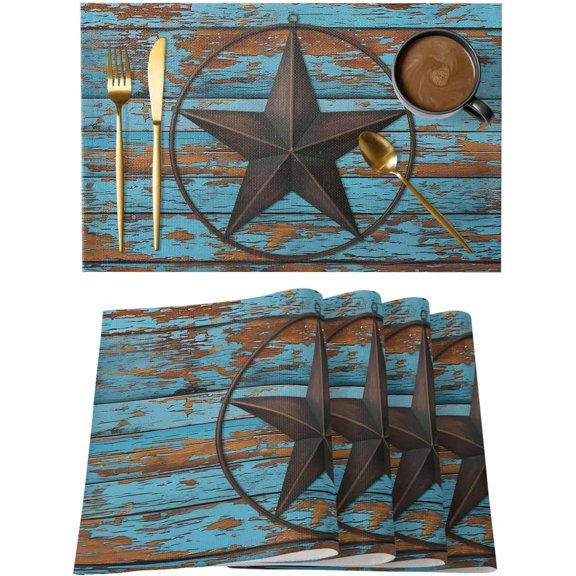 Placemats Set of 4, Texas Star Brown Washable Wipeable Table Mats for Dining Tables, Vintage Farm Barn Blue Wooden Texture Indoor Outdoor Waterproof Kitchen Place Mats for Holiday Table Decor