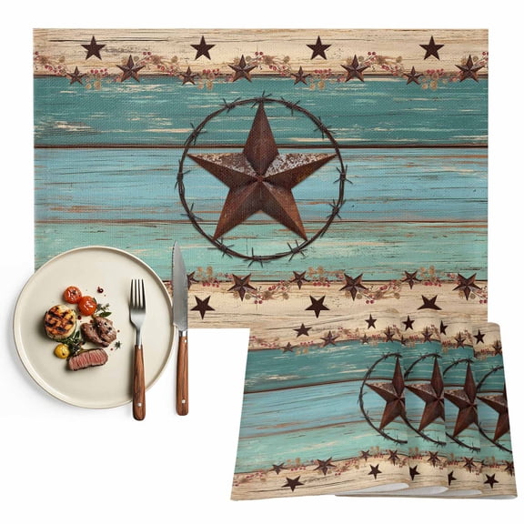 Placemats Set of 4, Texas Star Teal Place Mats Farm Wood Grain Tablemats Washable Placemat Table Decoration for Kitchen Table Dinner Party Home Decor Indoor Outdoor 13x19 Inch