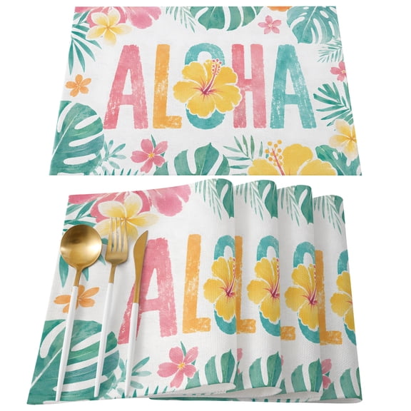 Placemats Set of 4, Tropical Monstera Leaves Place Mats Hibiscus Flowers Aloha Linen Tablemats Washable Placemat Table Decoration for Kitchen Table Dinner Party Home Decor Indoor Outdoor 13x19 Inch