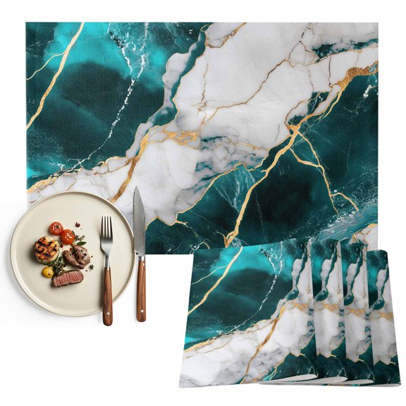 Placemats Set of 4, Turquoise Abstract Marble Place Mats Gold White Modern Tablemats Washable Placemat Table Decoration for Kitchen Table Dinner Party Home Decor Indoor Outdoor 13x19 Inch
