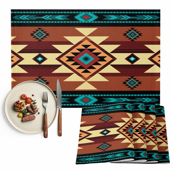 Placemats Set of 4, Turquoise Brown Boho Place Mats Native Southwest Ethnic Tablemats Washable Placemat Table Decoration for Kitchen Table Dinner Party Home Decor Indoor Outdoor 13x19 Inch